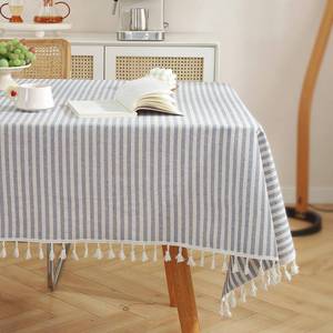 lot 2340 image: meioro Table Cloth Blue White Striped Tablecloth Tassels Cotton Linen Dust-Proof Table Cover for Dining Coffee Buffet Kitchen Picnic Tables, Parties Indoor Outdoor Square Tablecloths (55x102 Inch)