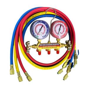 lot 3565 image: Upgrade 42201 Test & Charging Manifold with 3-18 (80 mm) Gauges,60 Refrigerant Hose with Compact Ball Valve,14 Standard Flare Fitting,2-Valve,HVAC Manifold for R-22404A410A,YellowRedBlue