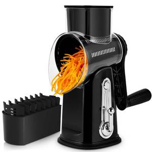 lot 3573 image: SUSTEAS Rotary Cheese Grater with Handle - Vegetable Shredder with 5 Well-designed Blades & Strong Suction Base,Round Mandoline Slicer & Food Chopper for Kitchen,with Blade Storage Box(Black)