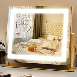 lot 4169 image: ROLOVE Gold Vanity Mirror with Lights 14x11 Inch, Lighted Makeup Mirror, Smart Touch 3 Colors Dimmable, 10X Magnification, Dresser Mount, Modern Style