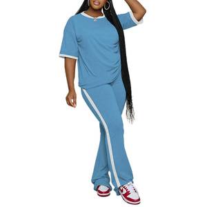 lot 4188 image: PINSV 2 Piece Sets for Women Summer Casual Short Sleeve Top and Flare Pants Lounge Sets Light Blue M