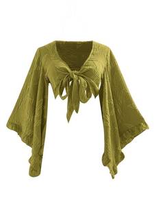 lot 4200 image: BEAUDRM Womens Boho Tops Wrap Western Country Concert 70s Outfits Tie Front Long Bell Sleeve Tops Hippie Disco Clothes Green Large