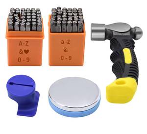lot 4220 image: 74pcs Metal Stamping Kit, DkOvn Complete Jewelry Making Stamping Tools with 18 (3mm) Font Uppercase & Lowercase Letter and Number Punch, Metal Stamping Jig, Hammer and Steel Bench Block