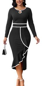 lot 4224 image: Womens Church Dresses Long Sleeve Work Business Party Dress Bodycon Vintage Wrap Ruffle Midi Pencil Dress,73Black_Large Black