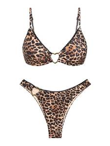 lot 4246 image: seamoly Leopard Print Contrast Lace Trim Heart-Shaped Metal Decor Cheeky Bikini Set,Coffee,L