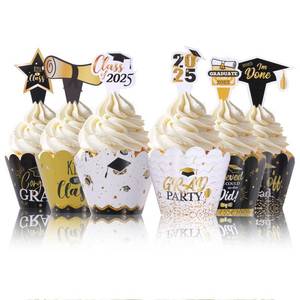 lot 4257 image: cnomg 96 Pcs Graduation Cupcake Toppers Wrappers Adjustable Cake Decorations for Class of 2025 Graduation Party Supplies (Black Gold)