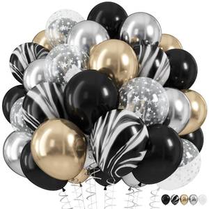 lot 4270 image: Black Gold Silver Balloon Set, 12 Inch Marble Black and Metallic Chrome Gold Silver with Clear Star Print Grad Latex Balloons for Boy Girls Birthday Party Graduation Retirement Baby Shower Decorations