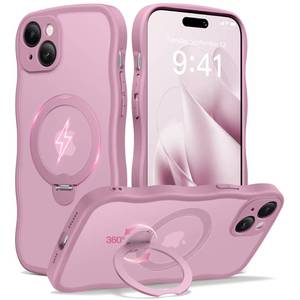 lot 4275 image: CAPRARO for iPhone 15 Plus Case with 360° Spin Magnetic Stand for Women, Compatible with MagSafe Full Camera Protection Cute Wave Translucent Matte Case for iPhone 15 Plus, Black Currant