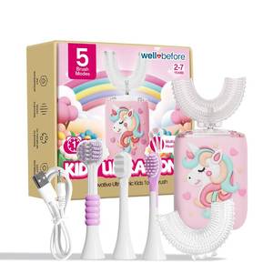 lot 4279 image: Well Before Kids U Shaped Electric Toothbrush with 5 Brush Heads, Ultrasonic, 5 Modes, IPX7 Waterproof Design (Unicorn, Pink Ages 2-7)