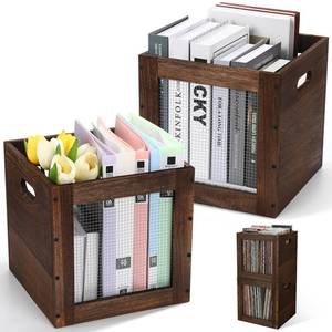 lot 5593 image: Colingmill 2 Pack Stackable Wood Storage Bins with Metal Wire and Handles 11 x 11 x 11 Inch, 22l Cube Vinyl Record Holder Wooden Storage Crate Basket for Shelve Fruit Vegetable Pantry Toy(Walnut)