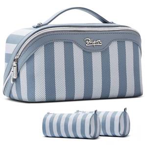 lot 5651 image: BOYATU Travel Makeup Bag Cosmetic Bag for Women 3 Pcs Set Striped Make up Bag with Compartments - Waterproof Vegan Leather Toiletry Bags with Handle - Makeup Organizer for Travel Essentials(A-1-Blue)