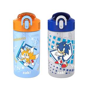 lot 5652 image: Zak Designs Sonic Kids 2-Pack Leak-Proof Water Bottles With Straw, Handle and Pop-Up Spout Cover