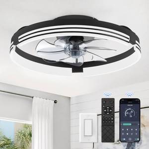 lot 5659 image: ZMISHIBO Low Profile Ceiling Fans with Lights and Remote, 20 Inch Flush Mount Ceiling Fan with Light, 3000K-6000K Dimmable Fandelier LED Fan Light, 6 Wind Speeds Black Ceiling Fans for Bedroom as is