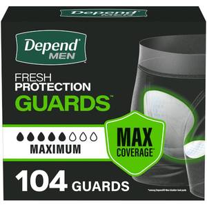 lot 5660 image: Depend Guards Incontinence Pads for Men, Maximum Absorbency, 104 Count, Packaging May Vary