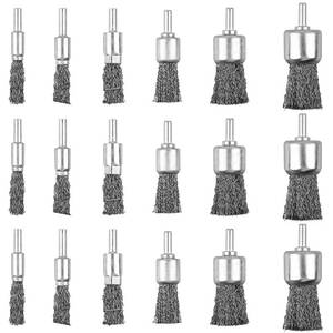 lot 6263 image: Mixiflor 18 Pack Wire End Brush Set, 6 Sizes 0.012 Crimped Carbon Steel Wire Wheel for Drill, 14 Inch Shank