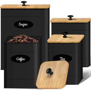 lot 9520 image: Canisters Sets for the Kitchen Set of 4, Metal Sugar Flour Coffee Storage Containers for Countertop with Airtight Lids, Customizable Chalkboard Labels & Marker Pen, Storage Jars Canisters - Black