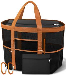 lot 9543 image: Yeendibo Chic & Spacious XX-Large Beach Bag for Women �� 2026 Mesh � Canvas Tote with Top Zipper, 11 Pockets, Detachable Pouch, Foldable, 2 Carabiners