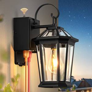 lot 9549 image: Black Dusk to Dawn Outdoor Light with GFCI Outlet, Modern Porch Lights Outdoor with Tempered Glass, Waterproof Anti-Rust Exterior Lighting Fixtures, Outside Wall Lights for Front Door,Garage,Backyard
