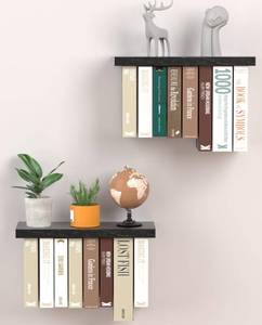 lot 9554 image: Tohiasen Floating Book Shelves for Wall Mounted Set of 2, Wood Hanging Bookshelf, Book Display Shelf for Wall, Unique Space Saving Book Shelf Wall Book Holder (Black)