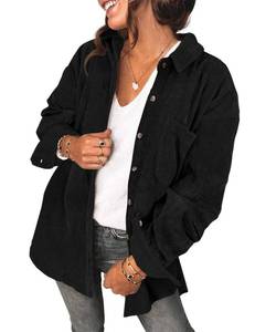 lot 10306 image: Saslax Womens Corduroy Shirt Long Sleeve Oversized Button Up V Neck Blouses Tops Loose Shacket Jacket with Pockets Black M