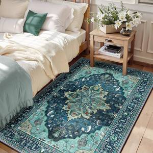 lot 11279 image: RELEANY Area Rugs 3x5 Washable Non-Slip, Floral Vintage Distress Print Pattern Medallion Carpet for Living Room Bedroom Dining Room, Teal Green Lake Blue Turquoise