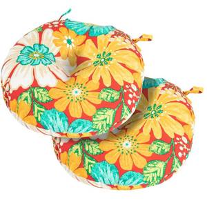 lot 11281 image: Magpie Fabrics Outdoor Round Bistro Seat Cushions with Ties, 15x15x4 Set of 2, Tufted Waterproof Barstool Chair Pads for Patio Home Garden Office, Embry Red Hibiscus