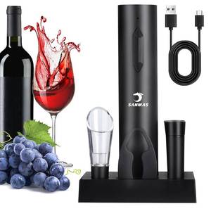 lot 11291 image: SANMAS Rechargeable Electric Wine Opener Set, 5-in-1 Automatic Corkscrew with Foil Cutter & Wine Aerator Pourer, 2 Vacuum Stoppers, Type-C Cable & Stand  Complete Wine Accessories Kit Gift Box