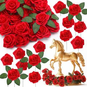 lot 11317 image: Thiccywoov 30 Pcs Horse Racing Derby Decorations Artificial Crimson Red Roses WStem Decorations Fake Roses Horse Derby Centerpieces for Tables Horse Derby Party Supplies