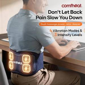 lot 11342 image: Comfheat Cordless Back Massager with Heat for Pain Relief Deep Tissue, Portable Heating Pad for Lower Back & Sciatica Pain, 4 Motors Wearable Heat Wrap Belt Battery Powered, Extra Large Up to 61