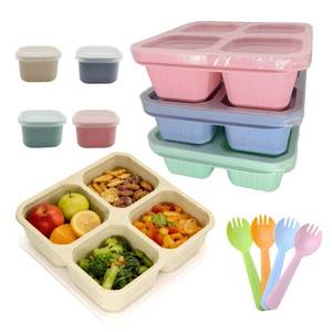 lot 12292 image: HYDMY 4 Pcs Snack Box Containers Set, Reusable 4 Compartment Lunchable Container with 4 Sauce Pots, Stackable BPA-Free Bento Box for Meal Prep Picnic Office Travel (4 Colors)