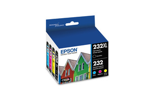 lot 12329 image: Epson 232XL Black 232 CMY 4pk Ink Cartridges - Black Cyan Magenta Yellow (T232XL-BCS) Epson 232 Series, High Yield