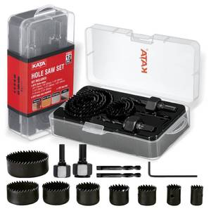 lot 12341 image: KATA 12PCS Hole Saw Kit 34-2-12 (19-64mm) Hole Saw Set with Mandrels Hex Key, Ideal for Soft Wood, PVC Board, Plywood, Drywall Drilling