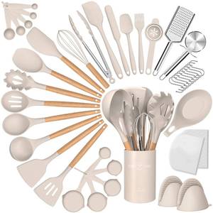 lot 13268 image: Silicone Cooking Utensils Set, 43Pcs Non-Stick Heat Resistant Kitchen Utensils Spatula Set with Wooden Handle for Baking, Cooking, and Mixing, Best Kitchen Gadgets Tools with Holder (Khaki)