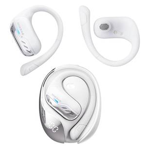 lot 14003 image: Transformers Open Ear Wireless Headphones Bluetooth 5.4 for Running & Workouts, Over The Ear Earbuds with IPX5 Waterproof Ear Hooks, Surround Sound, LED Display & Lanyard (White - Mirage)