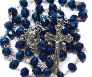 lot 14043 image: Nazareth Store Deep Blue Crystal Beads Rosary Catholic Necklace Holy Soil Medal Cross Crucifix Velvet Bag