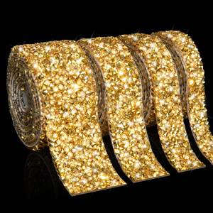 lot 14395 image: 4 Rolls4 Yards Gold Self-Adhesive Crystal Rhinestone Diamond RibbonStrips with 2 mm Rhinestones On a Roll, Bling Wrap DIY Crafts Rhinestones Tape for Home, Cakes, Wedding, Grad Cap Decorations