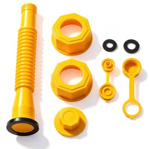 lot 14427 image: MEAJOO Yellow Gas Can Nozzle Kit, Half, Two, Five & Ten Gallon Can Vent Caps, Base Caps, Rubber Pad & Spout Cover