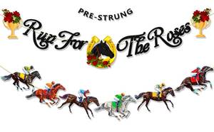 lot 14435 image: Ushinemi Glitter Run for The Roses Banner, Pre-Strung NO DIY Kentucky Derby Decorations, Horse Race Garland Kentucky Derby Banner for Wall Home Decor