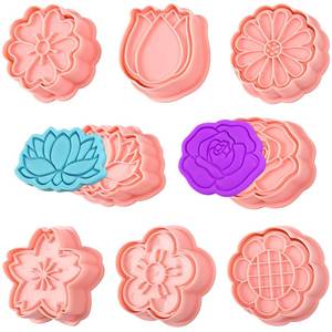 lot 14443 image: 8 Pack Flower Cookie Cutters, 3D Cookie Cutter with Plunger Stamp, 8 Styles Spring Flowers Cookie Stamps for Home Kitchen