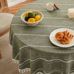 lot 14472 image: ZeeMart Hemstitched Embroidery Striped Boho Tablecloth 54 Inch Round Olive, Heavy Weight Farmhouse Burlap Linen Green Tablecloth, Wrinkle Resistant Washable Table Cloth for Round Table