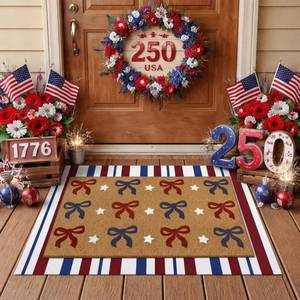 lot 14473 image: Tinideya 2 Pcs Independence Day Door Mat Patriotic Welcome Non Slip Coir Mats 4th of July Bow Star Floor Layering Doormats Seasonal for Front Porch Entryway Decor(Bow)