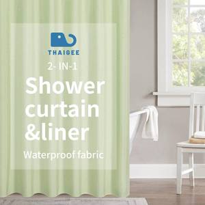 lot 14477 image: THAIGEE 2-in-1 Waterproof Extra Long Fabric Shower Curtain,No Separate Liner Needed,Linen Textured,84 Inch Effortless Cleaning & Washable Bathroom Shower Curtain Set with 12 Hooks,72x84,Green