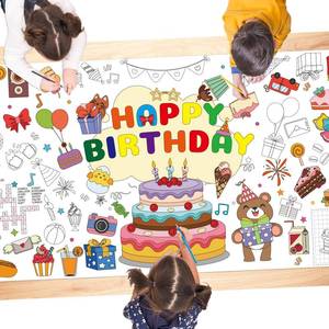 lot 14491 image: QISOLIY Happy Birthday Coloring Tablecloth for Kids Party, 31 x 71 in Giant Coloring Poster Table Cover, Disposable Large Paper Tablecloth for Birthday Party Games, School, and Classroom Activities