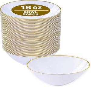 lot 19585 image: I00000 16 Oz 50 Count White Disposable Soup Bowls with Gold Rim, Plastic Bowls Disposable Premium Heavyweight Elegant Plastic Salad Bowl for Party