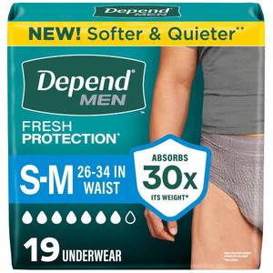 lot 19588 image: Depend Fresh Protection Adult Diapers, Incontinence Underwear for Men, Disposable, Maximum, SmallMedium, Grey, 19 Count, Packaging May Vary