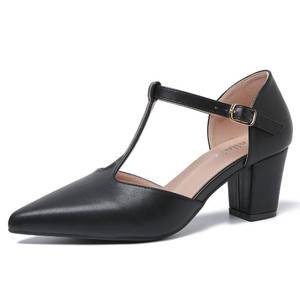 lot 19598 image: Peijely Womens T-Strap Pointed Toe Pumps, Block Heel Dress Shoes with Ankle Strap Buckle Matte Black 42 - US 9.5