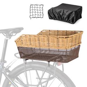 lot 19607 image: CXWXC Rear Bike Basket - Large Bicycle Rear Basket with Cargo Net and Waterproof Cover, Hand-Woven Baskets Rear Large Capacity (Brown)
