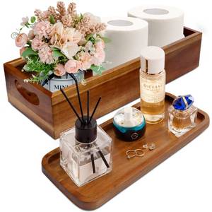 lot 19640 image: Handmade Toilet Tank Basket Topper & Vanity Tray Set of Natural Acacia Wood by DEMIGO, Created by Skilled Artisans, Smooth, Durable, Attractive Decor for Bathroom, Kitchen, Home, Spa (GREY WITH COMPARTMENTS)