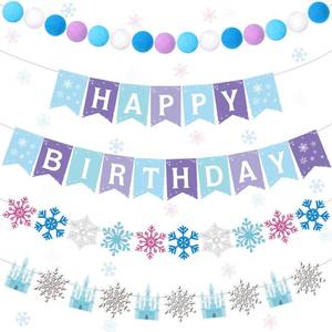 lot 20326 image: Fanfanwin 5 Pcs Snowflake Happy Birthday Banner Blue Snowflake Banner with Felt Castle Decorations Winter Holiday Party Decorations for Birthday Christmas
