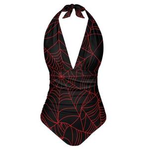 lot 20329 image: Irisjudy Red Spiderweb One Piece Swimsuit for Women Gothic Style Cobweb Bathing Suit Plus Size V Neck Halter Backless Swimwear Halloween Outfit (XL)